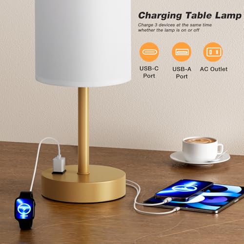 Fenmzee 17.4" Gold Lamp for Bedroom - Dimmable Touch, USB A+C, AC Outlet - color: White - Gold, size: 17.4"
