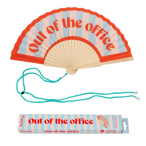 Fisura – Original folding fan with “Out of the Office” message. Colorful wooden folding fan in blue and red with strap included. Fun gift idea for travel beach days or summer events. 16.7 x 9 in. - color: Out of the Office, Blue Stripes