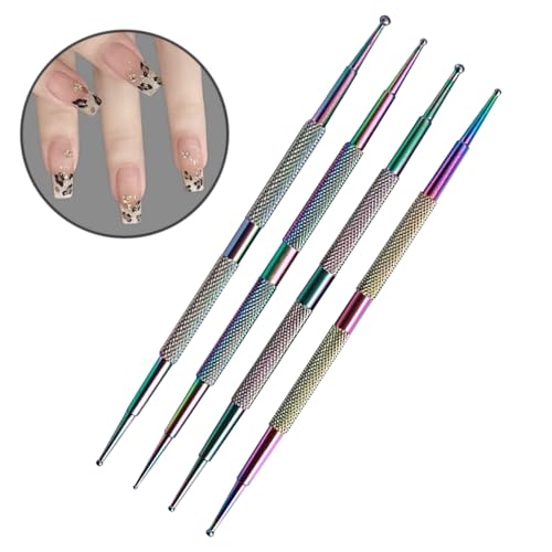 4Pcs Dual-Ended Nail Dotting Tool Set, Iridescent Stainless Steel Nail Art Dot Pens with Portable Storage Cases, Professional Nail Polka Dot & Rhinestone Picker Tools for Salon DIY Manicure - color: Iridescent