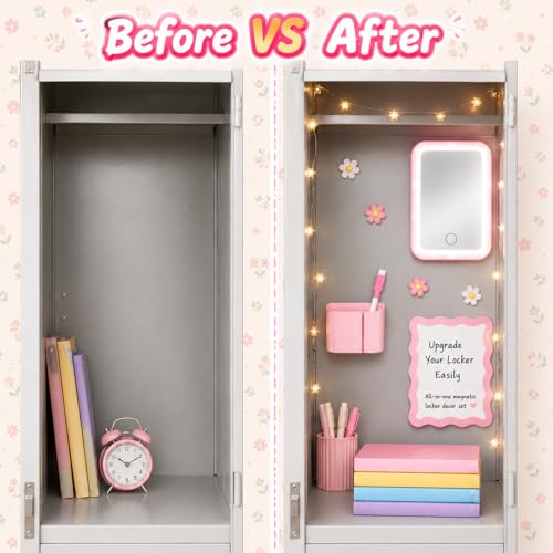 Pink Locker Accessories Kit Back to School Essentials Includes Locker Light up Mirror Magnetic Whiteboard Pen Holder Magnetic Flower Decoration and Organizing Supplies Backing for Girls