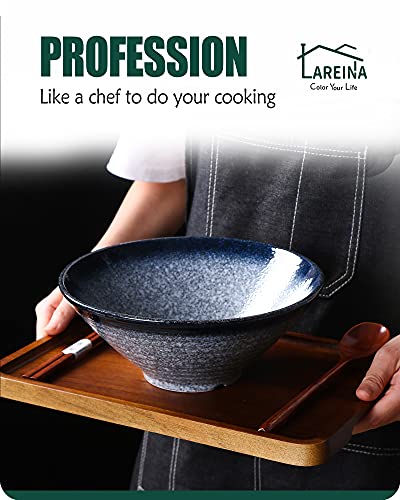 Lareina Ceramic Japanese Ramen Bowls, 2 Sets (6 Piece) 60 Ounce, Large Noodle Soup Bowl with Matching Chopsticks and Spoons for Asian Pho Udon Soba, Blue - color: Blue