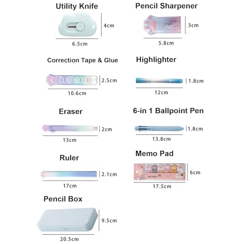 MOZXIRZ 9 Pcs Cute Blue Stationery Set Cat Paw School Supplies Kawaii Office Supplies Including Pens Highlighter Pencil Sharpener Eraser Correction Tape Ruler Sticky Flag Tabs (Gradient Blue) - color: Gradient Blue