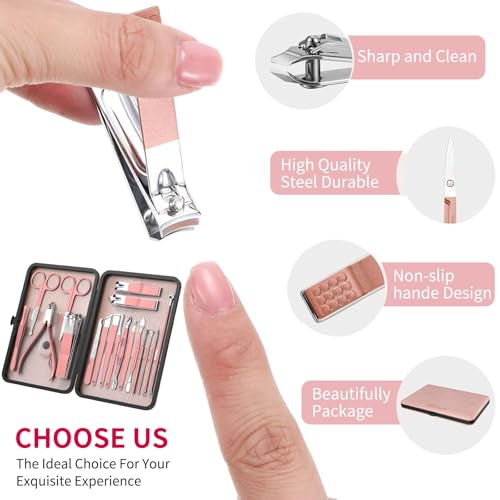 ZIZZON Manicure Set 18 in 1 Professional Pedicure Set Nail scissors Grooming Kit with Leather Travel Case Pink - color: Pink