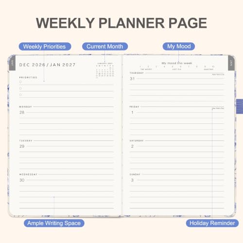 &And Per Se 2027 Planner, 12-Month Monthly & Weekly, 2027 Calendar Planner with 100gsm Paper, A5 Hardcover Faux Leather, 5.7" x 8" (Blue Flowers) - color: Blue Flowers, size: 5.7" x 8"(Jan 2027-Dec 2027)