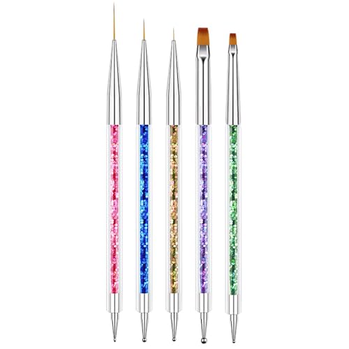 AIBEE Nail Art Brushes, 5pcs Double-Ended Acrylic Nail Brush Including 7/9/11mm Nail Liner Brush Flat Brushes and Nail Dotting Tools for Nail Art Design