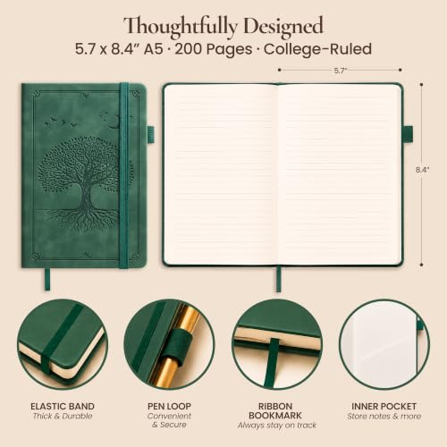 Lined Journal Notebook Hardcover Leather Bound 200 Pages A5 Green Diary - color: Dark Green, size: A5 200 Pages