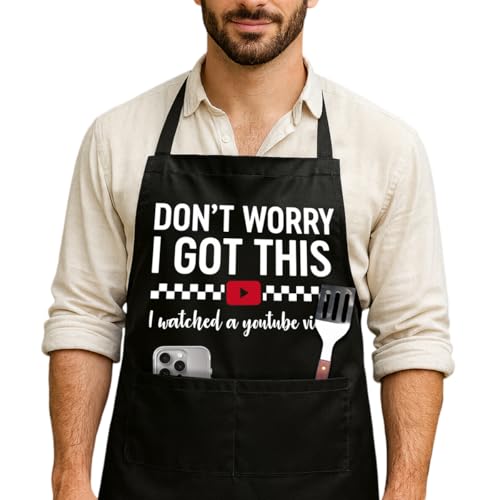 Funny Black Grill Apron with Pockets for Man,Dad,Husband,Father in Law,Chef Daddy Grilling Apron BBQ Cooking Gifts - color: I Watched Youtube