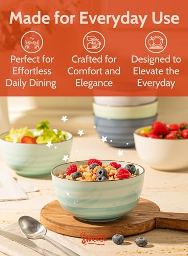 Sweese 20 Oz Porcelain Cereal Bowls - Set of 6, Multicolor, Lead-Free, for Soup, Salad, Rice Snacks, Kitchen Decor - color: Cool Assorted Colors, size: 20 Ounce