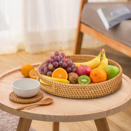 Round Rattan Serving Tray Set (2 Nesting Sizes) with Handles, 4 Coasters Included, Handwoven Boho Wicker Organizer for Coffee Table or Ottoman, 14.2 x 2.3 in and 11.9 x 1.7 in
