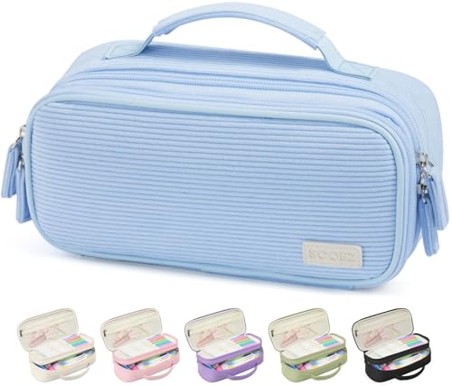 Sooez Large Pencil Case Pouch, Soft Corduroy Pencil Bag with Handle - color: Blue