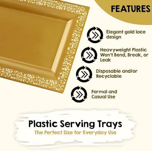 Yumchikel-Decorative Plastic Serving Tray & Platter Set (12 pk)-Gold & lace Rim Serving Trays & Platters for Food - Weddings, Upscale Parties, Dessert Table, Cupcake Display - 14"x7.5" inches - color: Gold Lace, size: 12 Pack