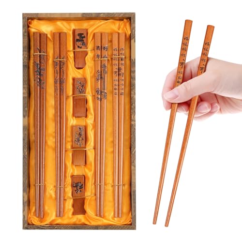 Chopsticks Reusable, Chopsticks Dishwasher Safe, with Chopstick Holder and Case Wooden Chopstick Set Chinese Traditional Stylish Chopstick Set (4 Pairs) - color: Traditional Stylish (4 Pairs)