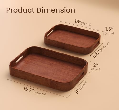 Bamboo Set of 2 Rounded Corners Serving Trays with Handles(Brown) - color: Brown