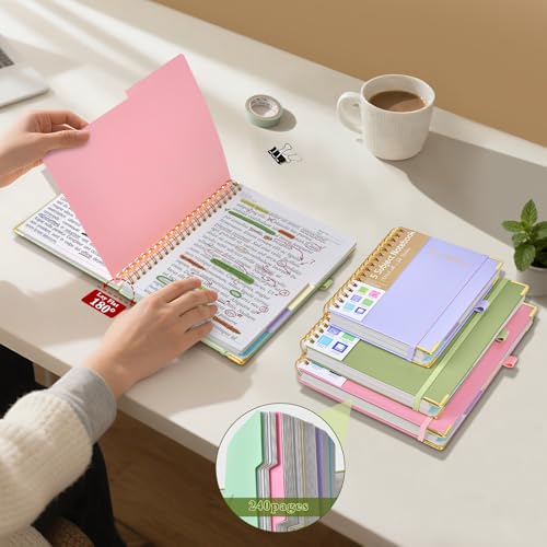 Hardcover Spiral Notebooks for Work, 5 Subject Notebook College Ruled with Dividers Tabs, Lined Organizer Notebook Journal for women, 8"x10" Large B5 Notebooks for School Note taking, 240 Pages Green
