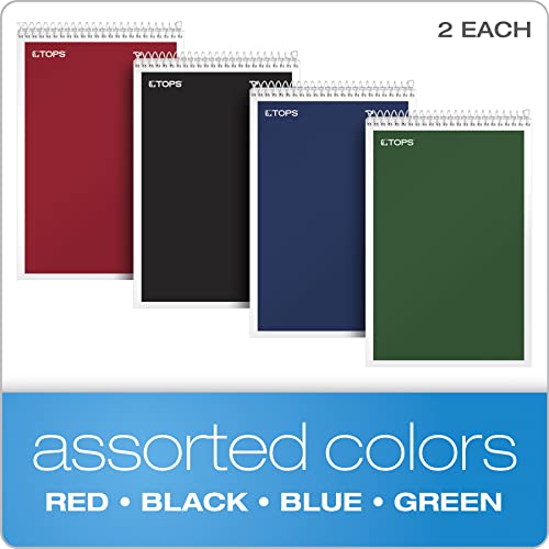 Tops Spiral Steno Books 8 Pack, 6" x 9", Gregg Rule White Paper, Assorted Covers, 80 Sheets per Book/8 Books per Pack, Red, Black, Blue, Green (80219)