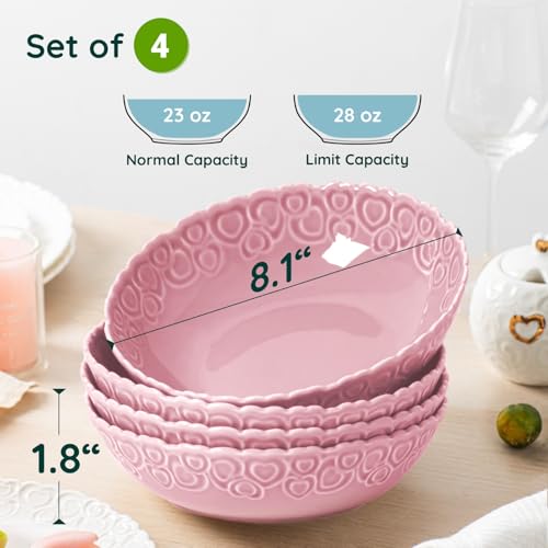 HOMBENE Heartbeat Pasta Bowls Set of 4, 28oz Salad Bowls Soup Bowl for Kitchen, Porcelain Wide and Shallow, Noodle, Soup, Pasta,Dinner, Microwave & Dishwasher Safe (Peach Bloom Pink) - color: Peach Bloom Pink, size: 28oz