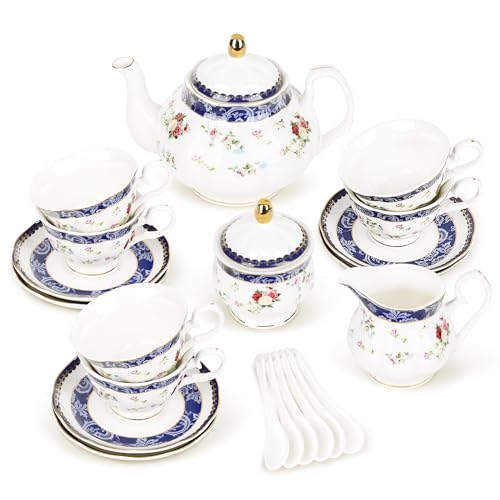 fanquare 21-Piece Blue Lace and Roses Bone China Tea Sets for Adults - color: Blue and Roses