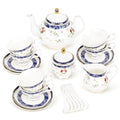 fanquare 21-Piece Blue Lace and Roses Bone China Tea Sets for Adults - color: Blue and Roses