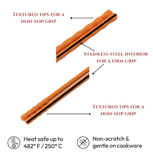 ( Set of 4 ) Kitchen Reusable 9.4 in Non Slip Silicone Cooking Chopsticks, Stainless Steel Core Reinforced, Reusable, Dishwasher Safe, Everyday Use, Camping, Party, Salad, Made in Korea (4 Colors)