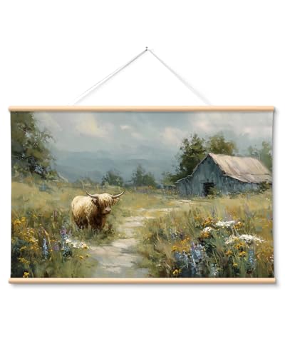 VIYYIEA Extra Large Highland Cow Canvas Wall Art, Rustic Farmhouse, 36x54in - color: Highland Cow Scroll