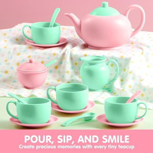 JOYIN 18PCS Pretend Tea Party Set, Plastic Tea Set, Mini Kitchen for Kids, Gifts for Kid Boys Girls Ages 3 4 5 6 Years Old, Easter Birthday Gifts - style: Baby Pink Teapot
