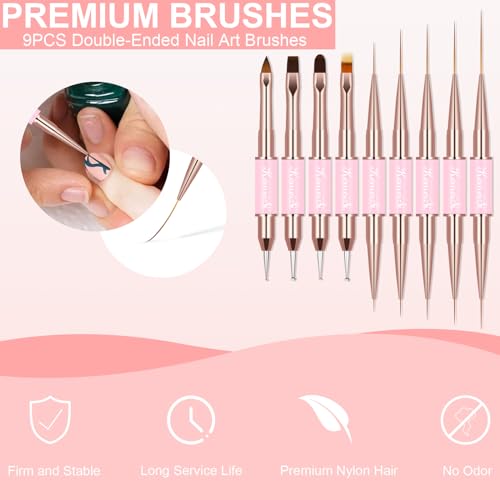 KEMEISI Nail Art Brush Set, 9PCS Double-Ended Acrylic Liner Brush Dotting Pen for Gel Polish, Nail Design Tools for Professional Manicure DIY Home Salon - color: Pink