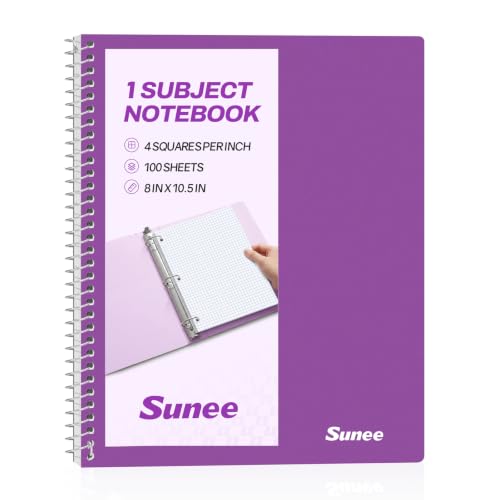 SUNEE Spiral Notebook, 1-Subject, Graph Ruled Paper, 8" x 10-1/2", 100 Sheets per Notebook, 3-Hole Punched Paper, Water Resistant Cover, Spiral Grid Notebooks for Work, Home, School, Dark Purple - color: Dark Purple