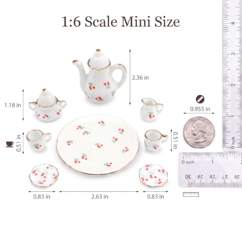 Miniature Tea Set 1/6 Scale Dollhouse Accessories Porcelain Cherry Pattern - color: Cherry