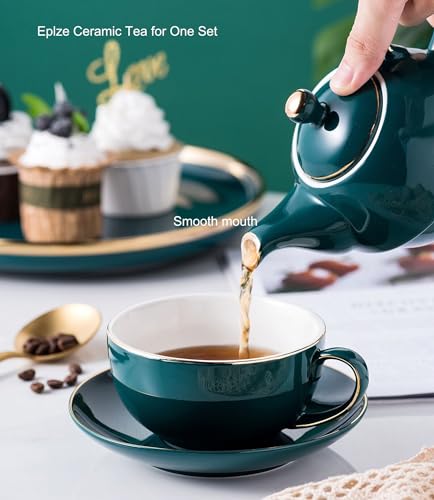 Ceramic Tea for One Set, 12oz Teapot& 8.2oz Cup (Peacock Green) - color: Peacock green