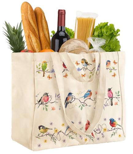 Miss Adola Cute Extra Large Canvas Grocery Tote Bag - color: Watercolor Bird