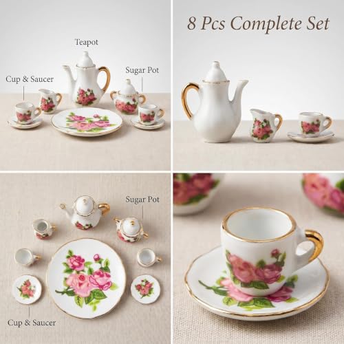 Miniature Tea Set 1/6 Scale Dollhouse Accessories Porcelain Rose - color: Rose