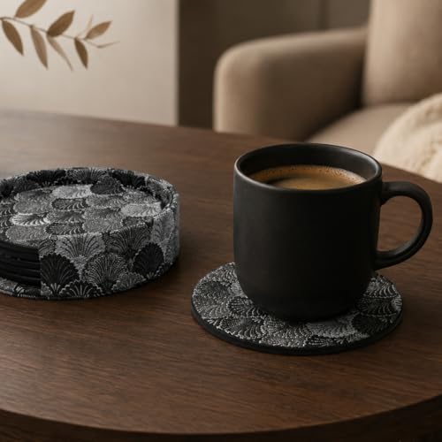 Art Deco Coasters Set of 6 with Holder, Black - color: Black