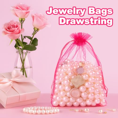Crweety 50 Pcs Organza Bags 3x4, Hot Pink Small Mesh Gift Bags Drawstring - color: Hot Pink