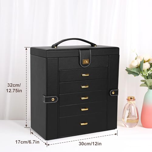 Kendal Extra Large Jewelry Box Jewelry Case PU Leather 6 Tier 5 Drawers Large Storage Capacity with Mirror Jewelry Storage Organizer Great Gift Also Good For Watches LJC-SHD5BK (black) - color: Black, size: Extra-Large(12.7"x12"x6.7")