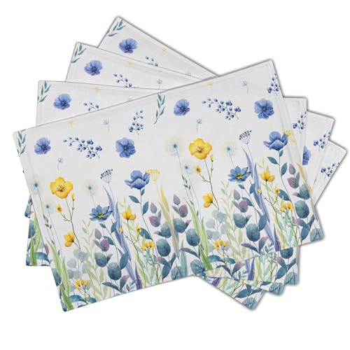 Watercolor Floral Placemats Set of 4 Blue Yellow Poppy Flowers Washable Non-Slip Heat Resistant 12×18 Inch Spring Summer Seasonal Linen Fabric Table Mats for Kitchen Dining Table - color: Blue Yellow Floral