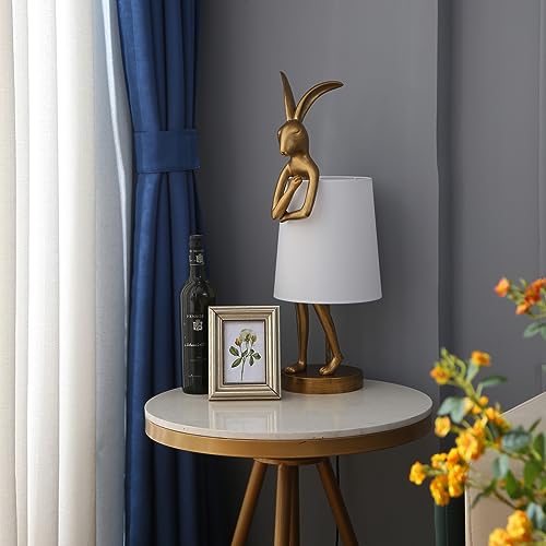 NorDiem Cute Rabbit Animal Table Lamp,Big Size 25.6", Gold Resin Bunny Decor LED Desk Light,White Linen Shade,Home Eye Protection Lamp Office Study Bedside Small Bunny Light (25.6" White Shade) - color: 25.6" White Shade