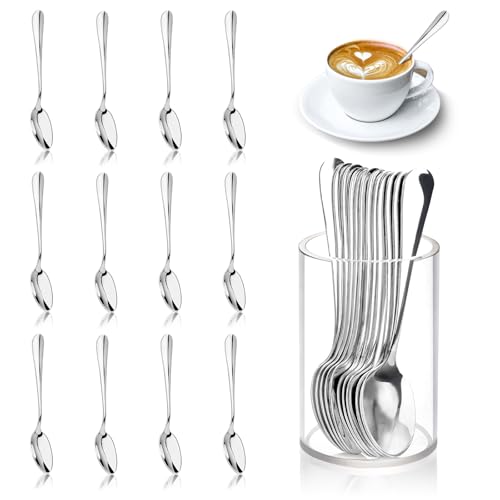 12 Pcs Mini Coffee Spoons with Holder 4.7 inch Demitasse Espresso Stainless Steel Spoon Tea Spoons set of 6 with Acrylic Cylinder Holder Small Coffee Spoon Silver for Cafe Bar Tea Party Home - color: Silver