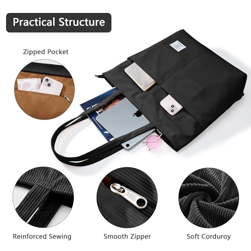 KALIDI Women Corduroy Tote Bag Zipper Casual Tote's Handbag Big Capacity Shoulder Bag with Pockets - color: D-black