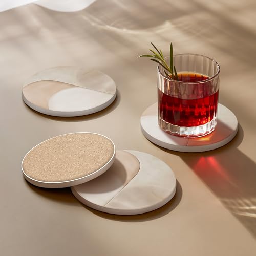 VEYRO Ceramic Coasters Set of 4 – Absorbent Stone Drink Coasters with Holder, Non-Slip Cork Backing, Modern Marble Look Coasters for Coffee Table, Desk & Home Decor - color: Clay 2, size: Set of 4
