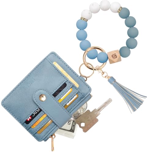COOLANS Silicone Bracelet Wristlet Wallet Credit Card Holder RFID ID Window Key Ring Tassel Slim Wallet Women Keychain Purse - color: Denim Blue
