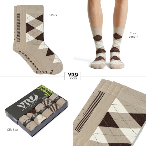 VRD Men's Dress Socks Bamboo Rayon, 5-Pack Crew Socks, Multiple Colors and Designs, Shoe Size 8-13, Gift Box - color: 05: Camel Beige, 5-pack Mix (2 Solid, 1 Striped, 1 Dotted, 1 Argyle)