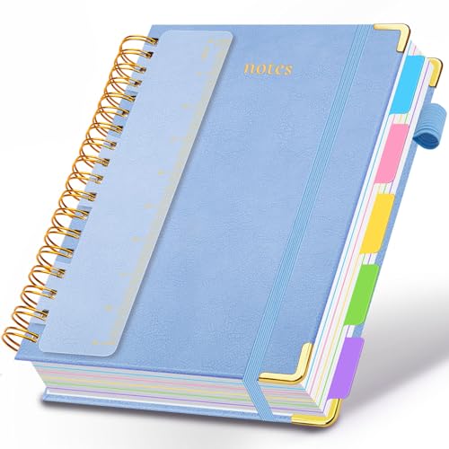 Hardcover Spiral Notebook 8"x10" Journal Notebook with Tabs and Removable Dividers 300 Pages 5 Subject Notebook College Ruled, Faux Leather Spiral Bound Notebook for Women School Work (Lake Blue) - color: Lake Blue, size: 8"x10"(B5)
