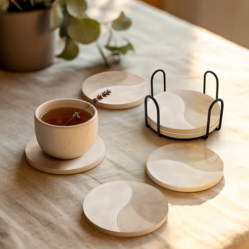 VEYRO Ceramic Coasters Set of 4 – Absorbent Stone Drink Coasters with Holder, Non-Slip Cork Backing, Modern Marble Look Coasters for Coffee Table, Desk & Home Decor - color: Clay 1, size: Set of 4