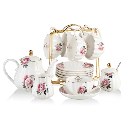 Sweejar Porcelain Tea Sets British Royal Series, 8 OZ Cups & Saucer Service for 6, with Teapot Sugar Bowl Cream Pitcher Teaspoons and Tea Strainer, Suitable for High Tea, Wedding, Party - color: Salmon Pink