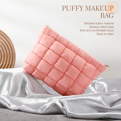 Hillban Light Pink Puffy Quilted Makeup Bag Cute Cosmetic Bag Gift, Classic - color: Light Pink, size: Classic