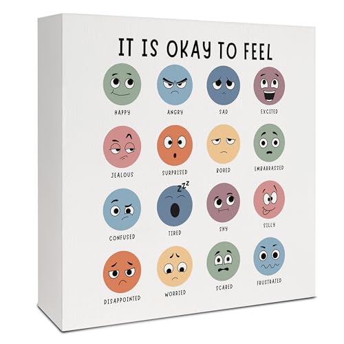 Emotions Chart Mental Health Wooden Box Sign, It Is Okay to Feel Feelings Chart Emotions Canvas Prints Wood Signs for School Counseling Office Classroom Desk Table Shelf, 5x5 Inch - color: Mental Health-Emotions Chart