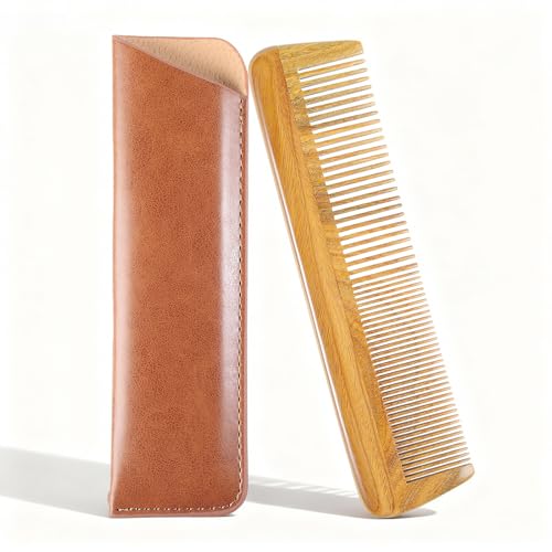 Onedor Handmade 100% Natural Green Sandalwood Wooden Comb for Men Hair, Beard, and Mustache Styling Pocket Comb With Leather Case (Long) - size: Long, style: Long