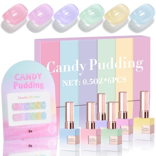 Double Rhythm 6 Pcs 15 ML Gel Polish Set Same Color Same Bottle Soak Off Gel Polish Kit Nail Art Manicure Salon DIY at Home for Women (Jelly Pink Purple Green Yellow Blue-T6-22) - color: Candy Pudding