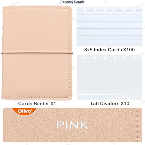 Olivo 3x5 Lined Index Cards with Ring Binder Holder and Dividers, Pink - color: Pink