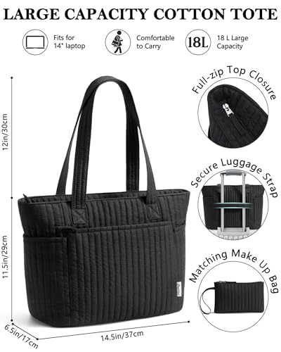 Bagstellar Quilted Tote Bag for Women Teacher Nurse Cotton Laptop Work Tote - color: Black